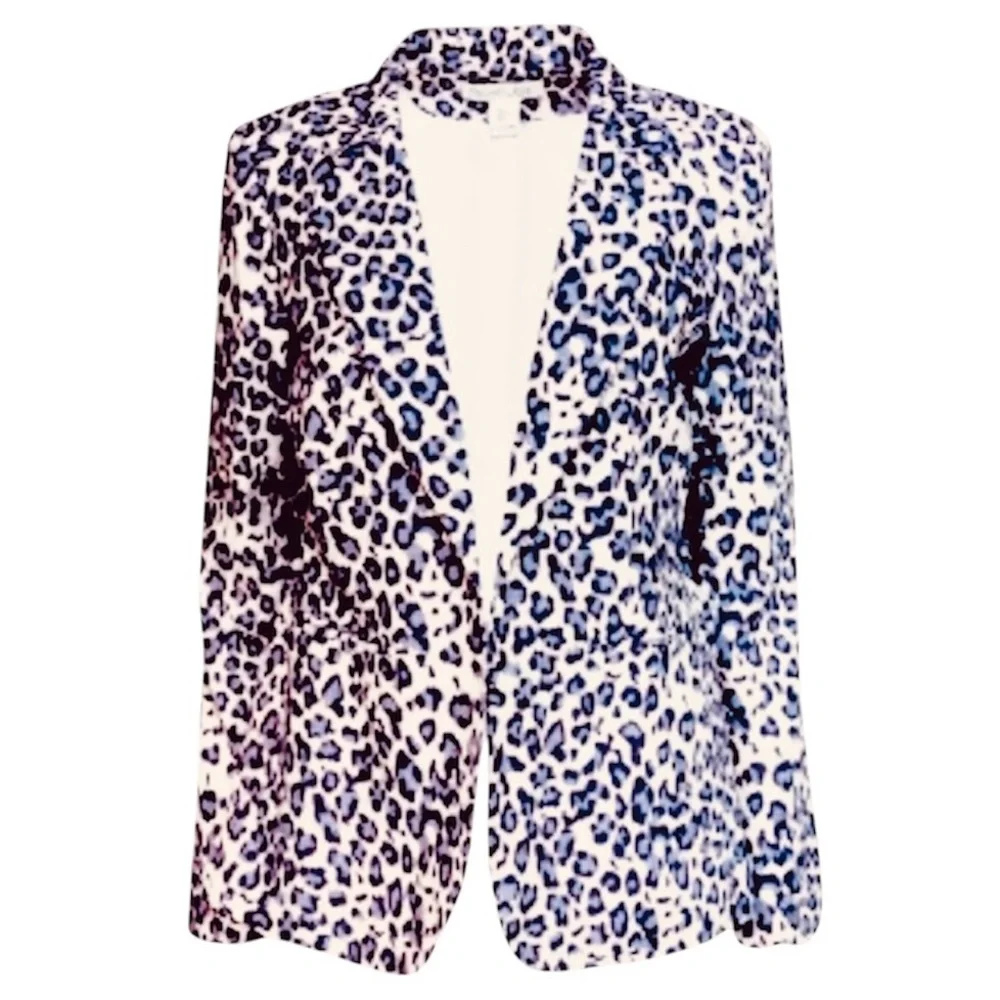 RACHEL ZOE Womens Snow Leopard Print Linen Blend Open Front Blazer Jacket S